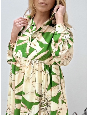 Robe courte en viscose, imprimé floral sur fond vert, Banditas from Marseille