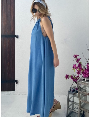 Robe longue Molly Bracken, effet jean, encolure ronde à froncer, référence Z460CE