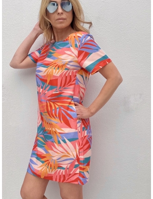 Robe courte Molly Bracken, forme droite à l'imprimé très coloré feuilles de palmiers, référence P1228BCE