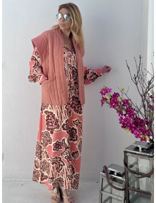 Robe longue en viscose, imprimé floral terracotta sur fond rose, Banditas from Marseille